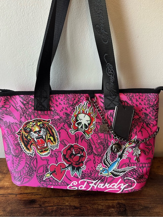Ed Hardy Handbags - Ed Hardy Hot Pink Tattoo-Print Tote Bag with Charm Accents Large Capacity NWT